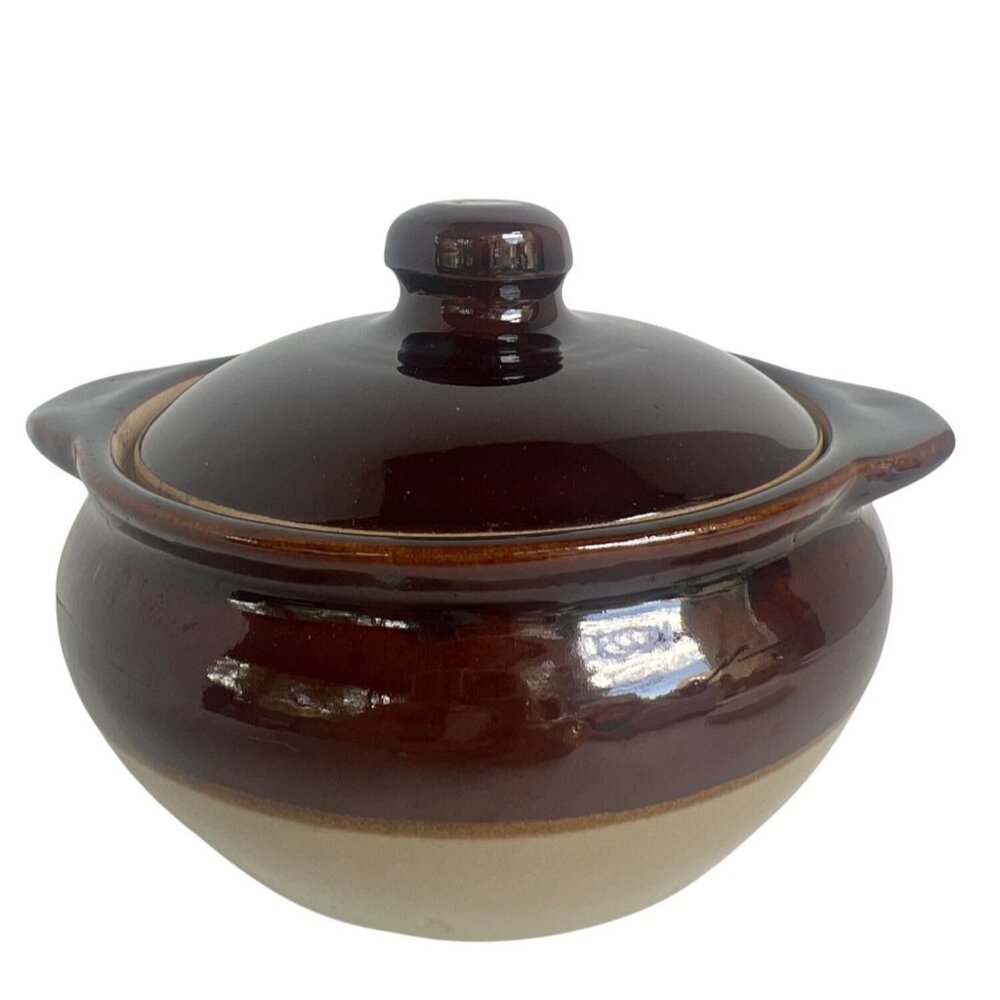 Vtg Monmouth USA Stoneware Lidded 3 Cup Bean Pot Crock Brown Glaze Maple Leaf‎